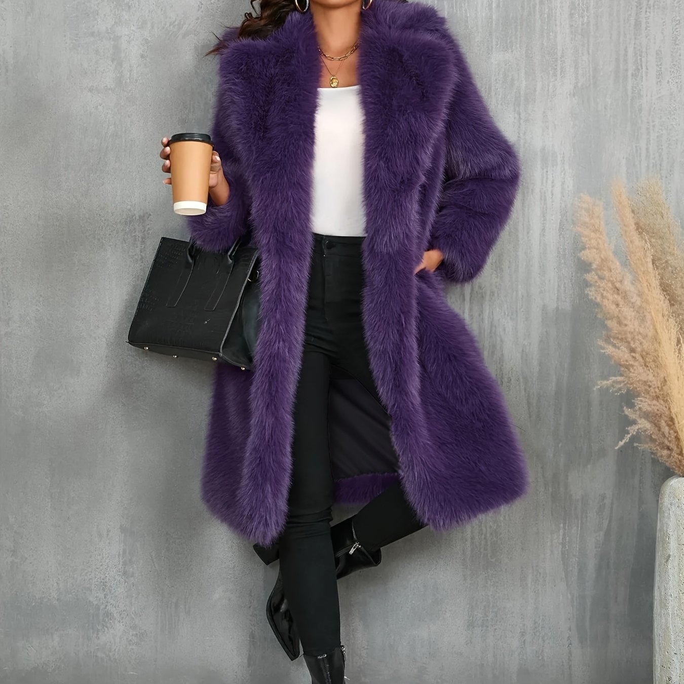 TEMU Faux Coat, Mid-length Coat, Autumn/winter Suit Collar Loose Plush Warm Outerwear, Light Luxury Model, Thickened Long Plush Top, Versatile For