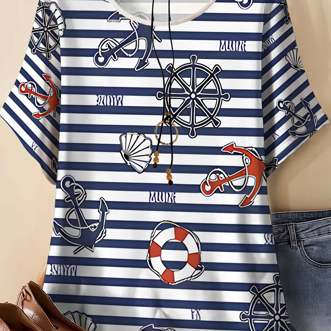 TEMU Damen Freizeit-Sportbekleidung in Übergröße, Kurzarm-T-Shirt mit gestreiftem nautischem Muster, locker geschnittenes Freizeit-Top, vielseitiges
