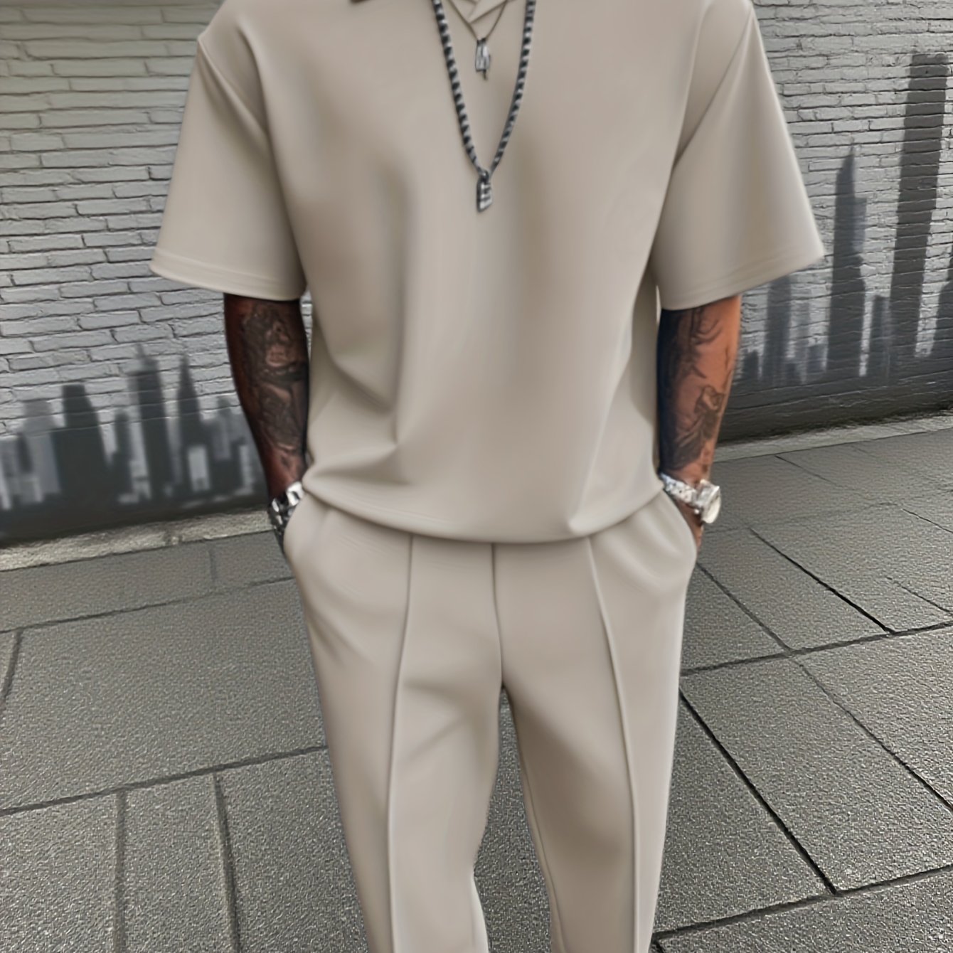 TEMU Summer 's Casual Suit 2pcs Set Short Sleeve Long Pants Suit Lapel Solid Color, Minimalist Drape Fabric Daily/business Co-ord Set