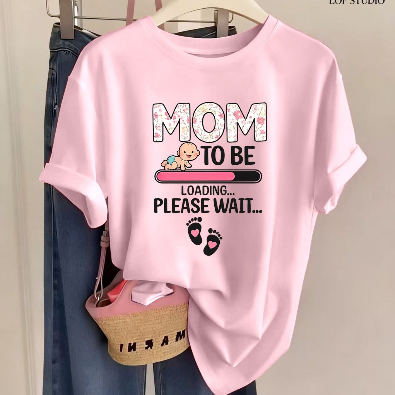 TEMU 1pc Women's Fashion Printed Crew Neck Short Sleeve T-shirt, Mom To Be Loading Graphic Tee, Casual Comfortable For Daily Wear | Trendy Print Cozy