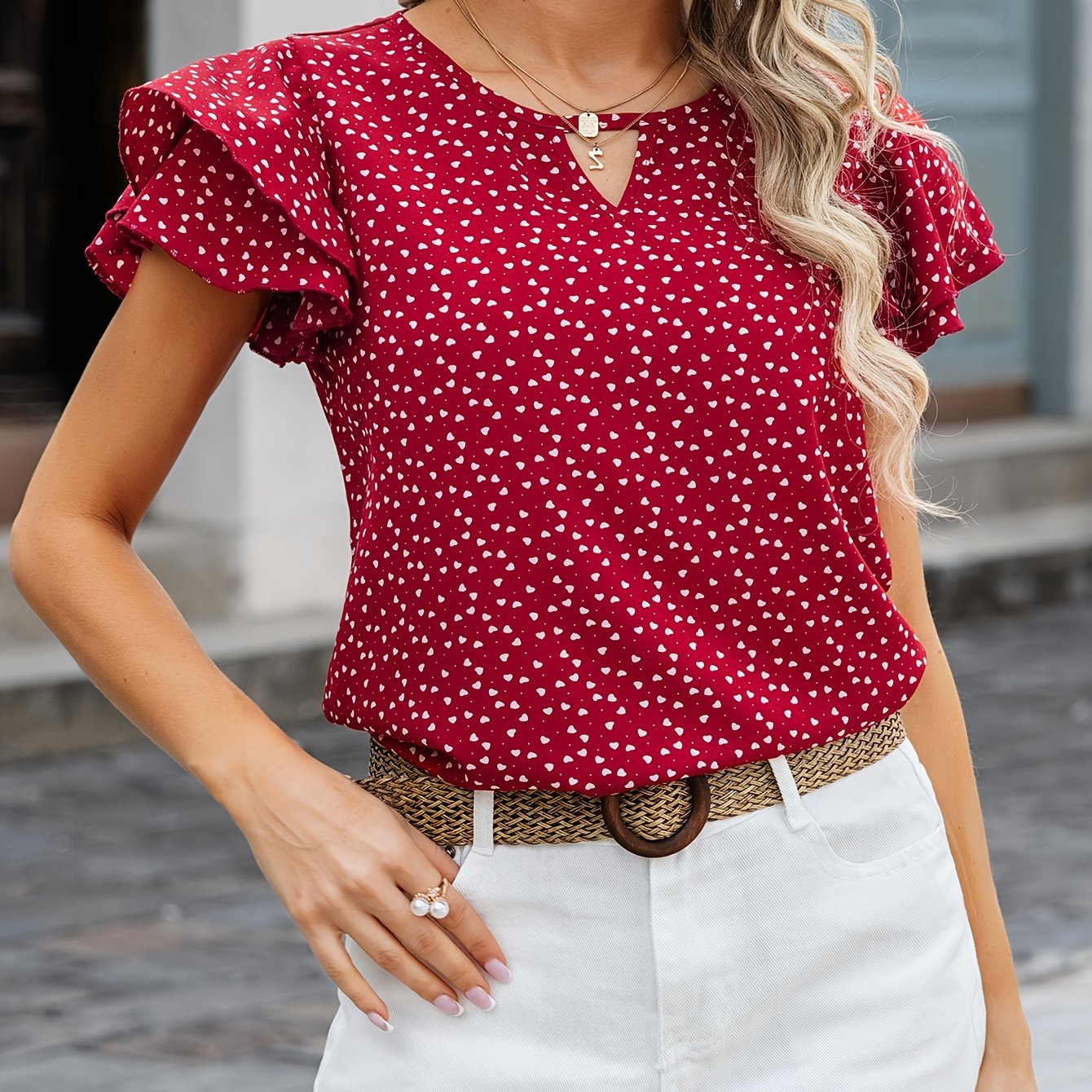 TEMU Heart Print Keyhole Blose, Elegant Layered Ruffle Sleeve Blouse For Spring & Summer, Women's Clothing