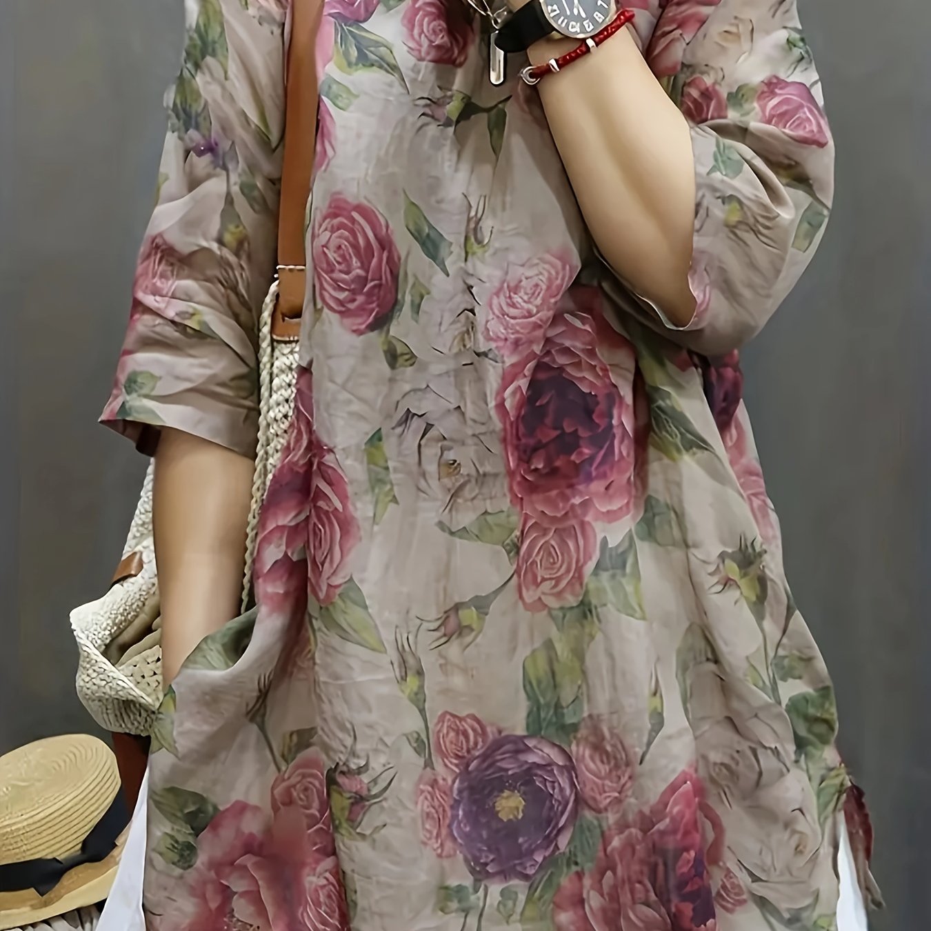 Image of Plus Size, Women' Lightweight V-neck Blouse - Loose-fit Long Sleeve Semi- & Beige Floral Print Shirt, - Casual Or Dressy, Machine Washable Summer & Wear