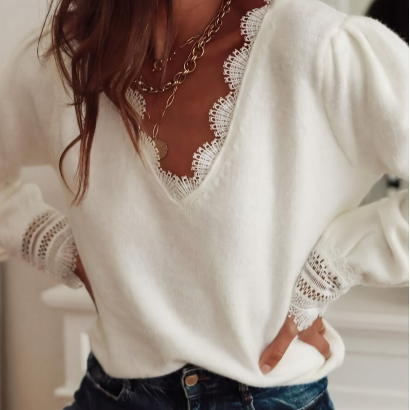 TEMU Vika Directional Atmosphere Lace V-neck Sweater Regular Long Sleeve Daily Gentle Inner Layer Sweater