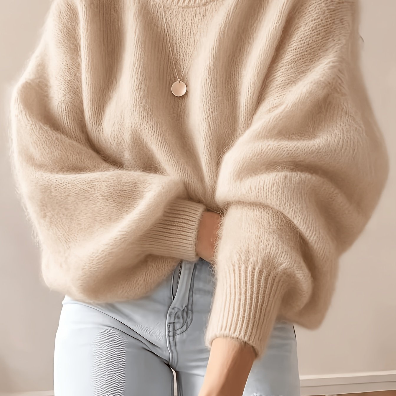 TEMU Women's High-neck Sweater For Early Autumn/early Winter And Dates, Korean-inspired Gentle And Lazy Lantern Sleeve Knitwear, Soft, Loose,, And