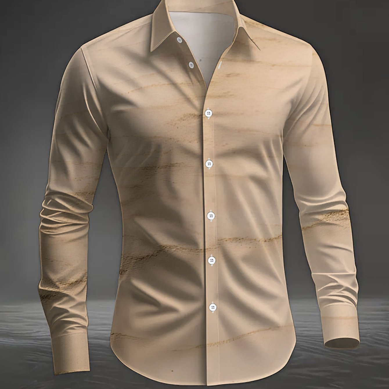 TEMU Beige Men's Long Sleeve Button- Dress Shirt, Casual Fashion Regular Fit, Comfortable Workwear