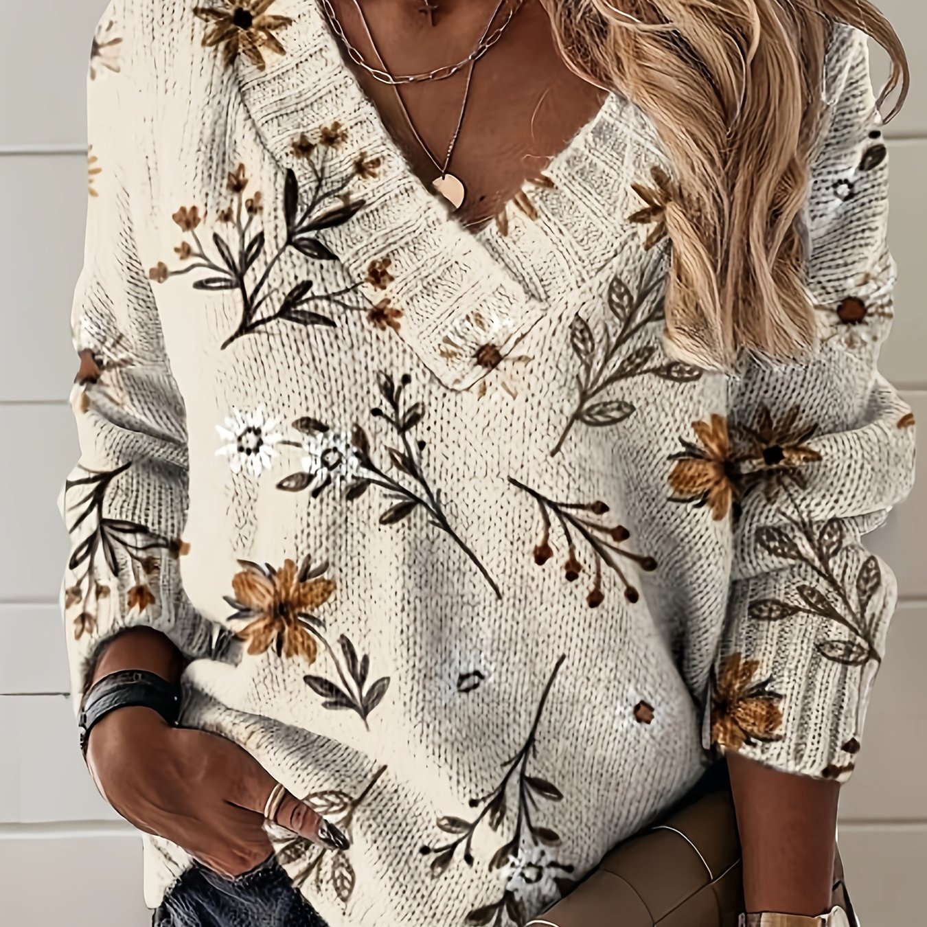 E-shop Damen 3D Blumenmuster V-Ausschnitt Pullover - Weiche Ganzjahres Strickjacke für Freizeit & formelle Anlässe | Braun & Beige Blumenmuster |