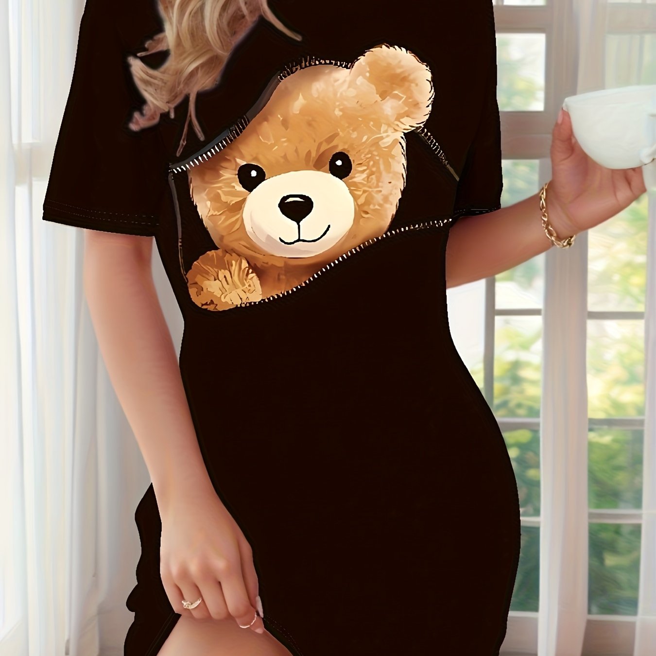 Image of Women's Cartoon Bear Print Zipper Pajama Dress, Short Sleeve Round Neck T-shirt Dress, Comfortable Sleepwear For Casual Loungewear And Outdoor Wear