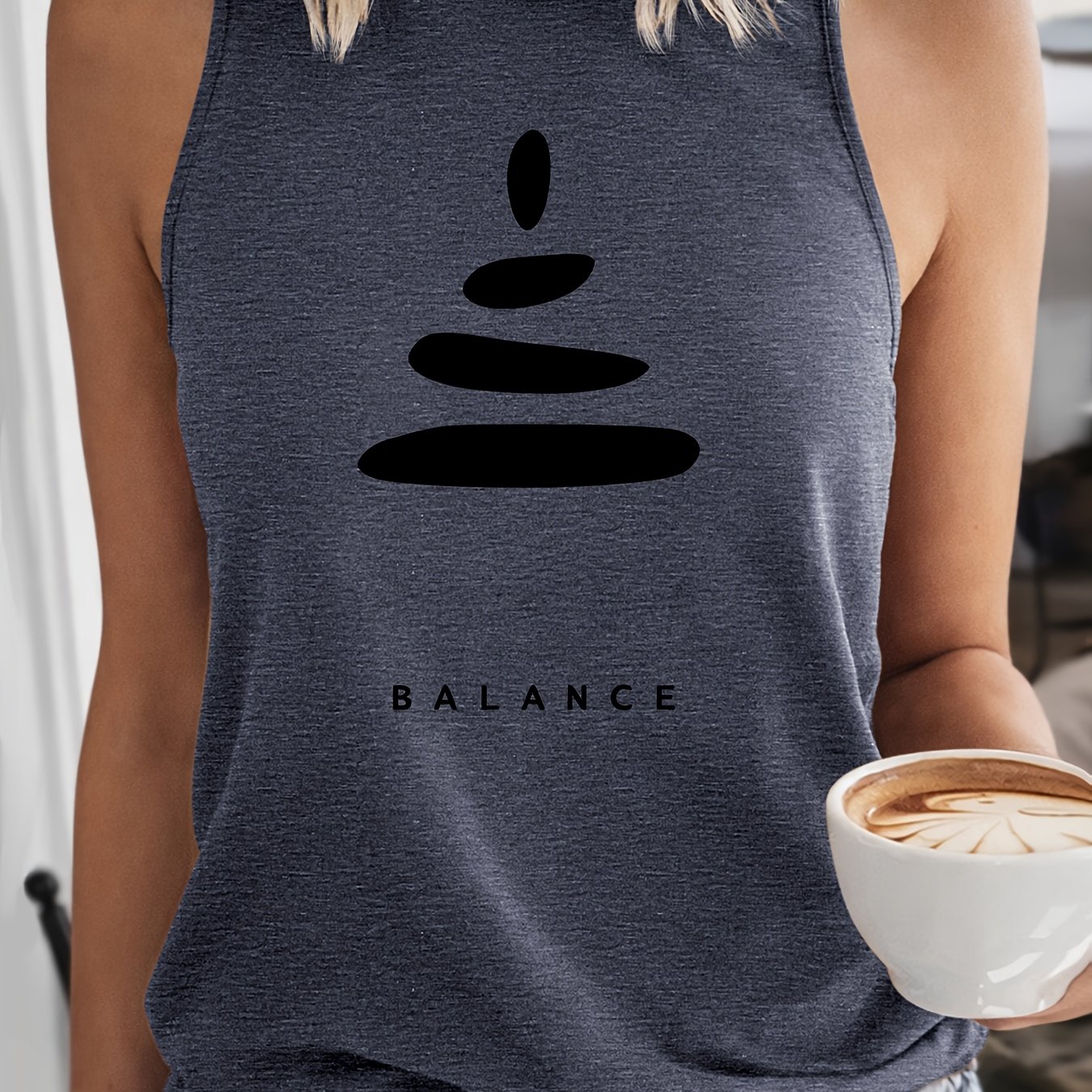 TEMU Retro Yoga Theme Balance Stone Pile Balance Print Women's Tank Top Spring Summer Sleeveless Top Comfortable Breathable Round Neck Sleeveless
