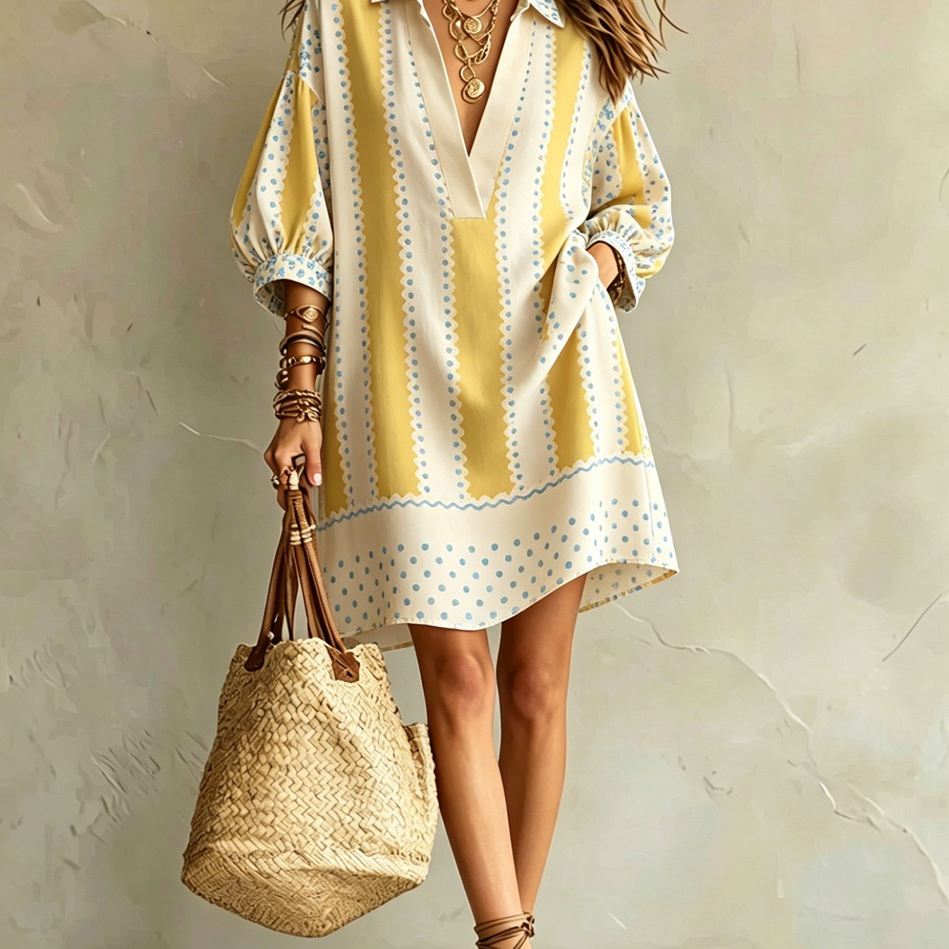 Image of Women's Summer Dress, Summer Style, Yellow- Block Polka Dot Stripe Lapel V-neck, Loose Straight Mid-length, Vacation , Comfortable Breathable Fabric, Flattering And, Suitable For Beach Vacati