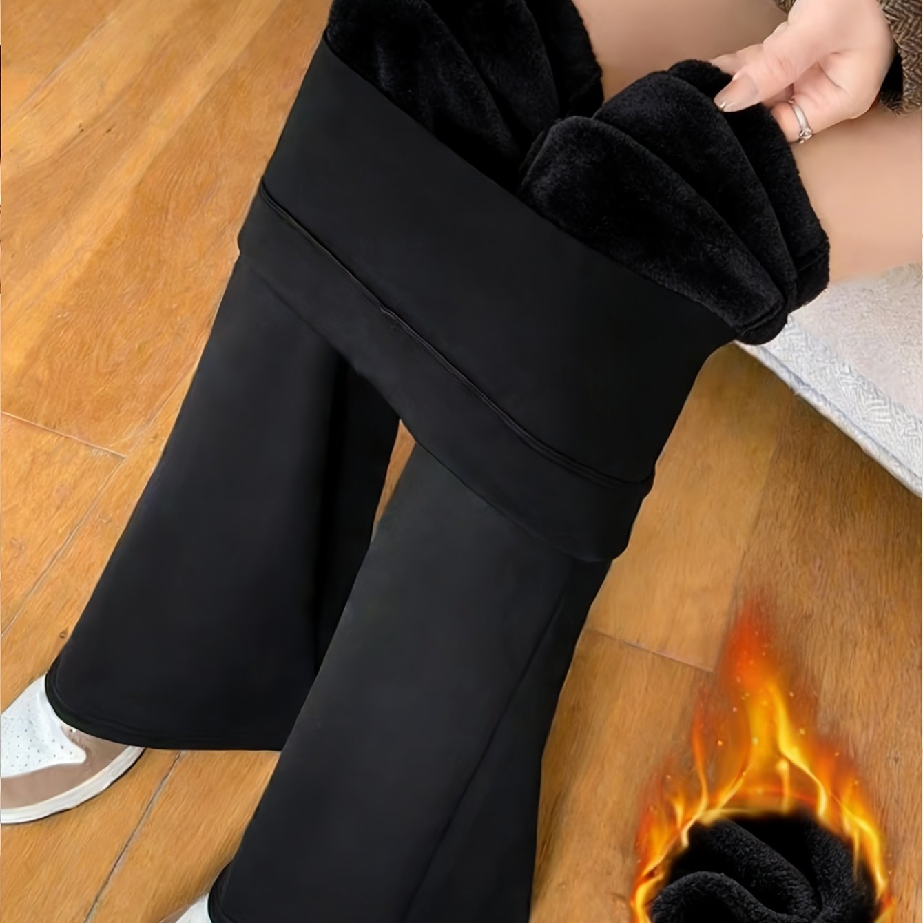 Image of Women's High-waisted Winter Thermal Wide-leg Pants - Thickened Fleece Full-length Flare Leggings, Elastic Waist For Skiing, Snow & Cold Weather, Machine Washable Trousers