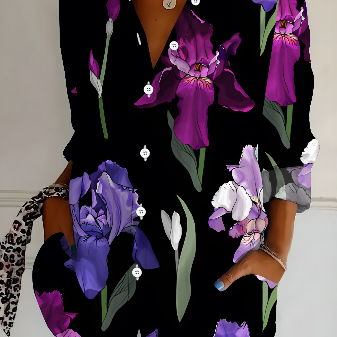 TEMU Plus Size, Plus Size Women's Long Sleeve Shirt With Floral Print, Iris Pattern Midi-length Blouse For Women, Casual Shirt With Colorful Flower