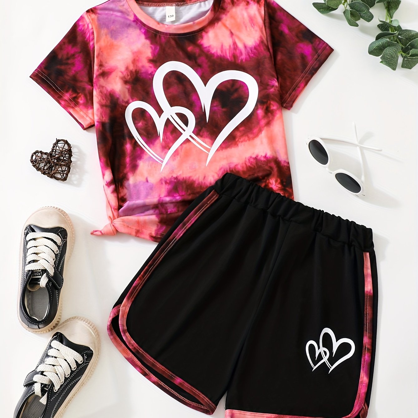 Image of Girls' Big Kids Fashion Casual Heart Print Trendy Shorts Set, For Outdoor