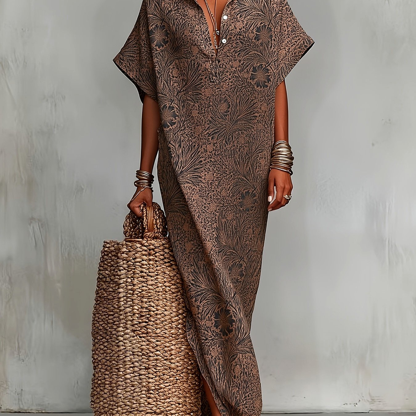 Image of Women's Summer Lapel Dress Brown Paisley Print Pattern Elegant Exquisite Side Slit Dress Machine Washable Suitable For Daily Wear & Party Gatherings Perfect As A Gift