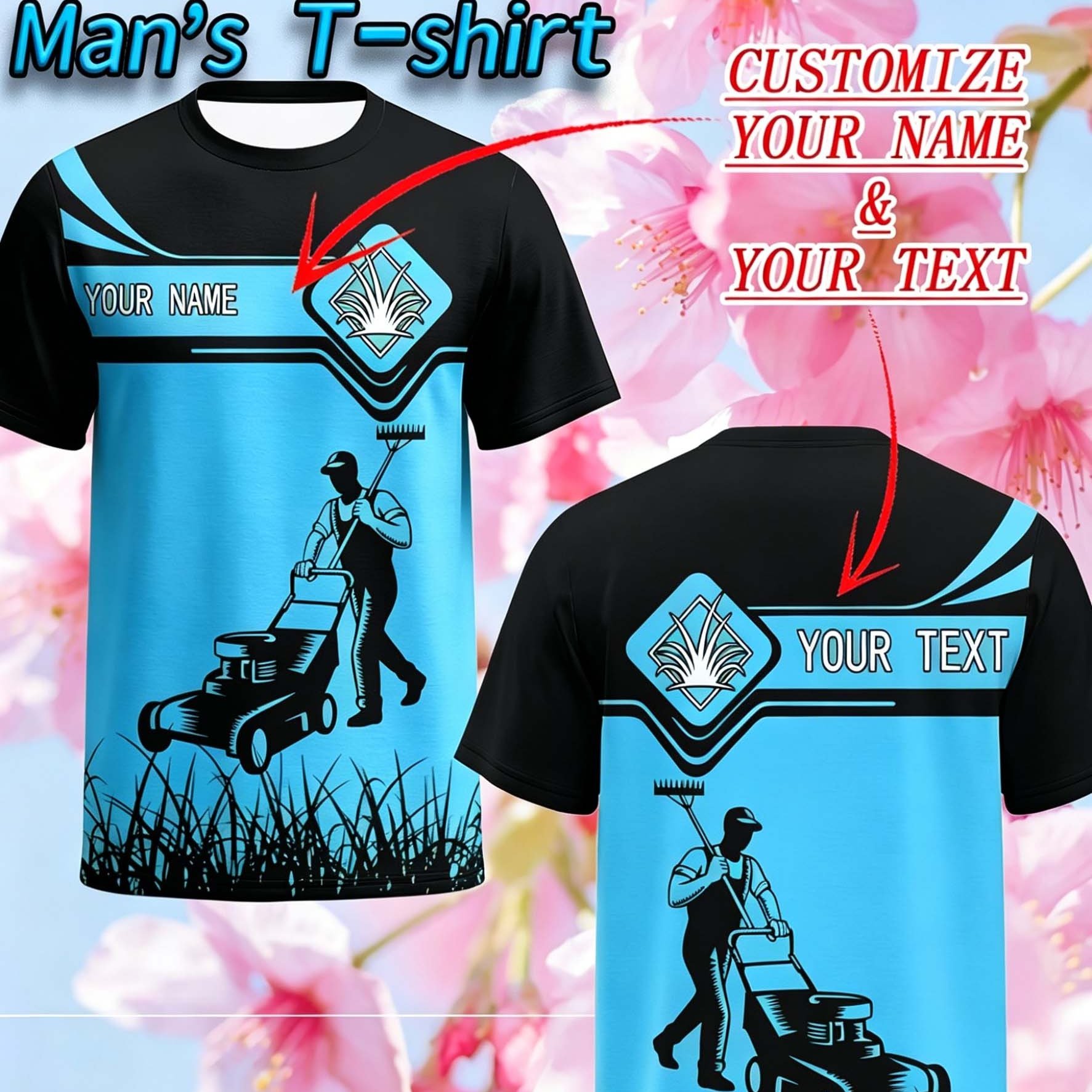 TEMU Custom Men's Short Sleeve, Customizable Personalized Men's T-shirt - Gardening Theme Lawn Trimming Pattern Double-sided Print Supports