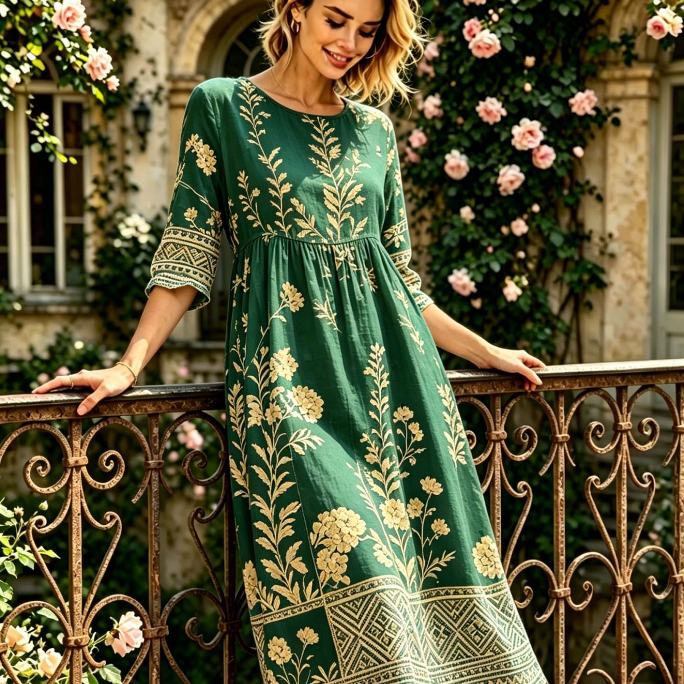Image of Plus Size - Vintage Floral Print Midi Dress For Women, 3/4 Sleeve Round Neck Loose Bohemian Dress, Retro Ethnic Pattern Casual Wear