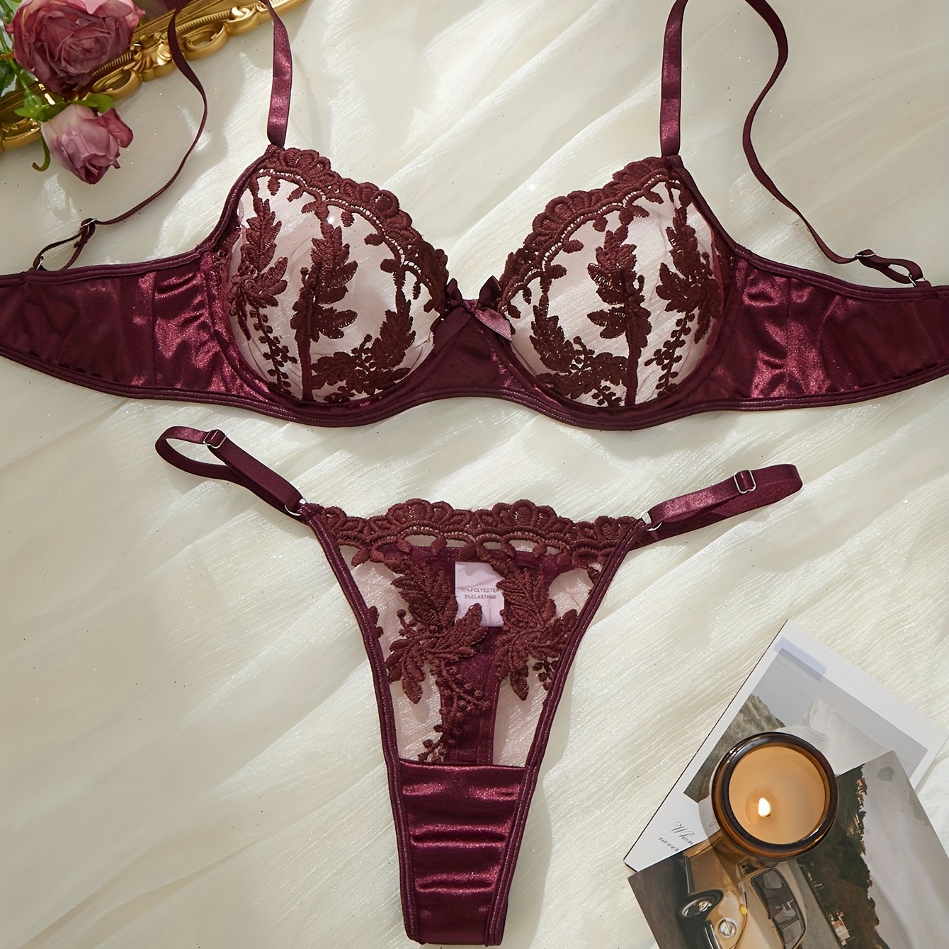 E-shop Gothic Braunes-Lila Weizenähren Blumen Stickerei Damen Dessous Set, Ungepolstertes Einlagiges Bügel-BH und Verstellbare Hose, Damen