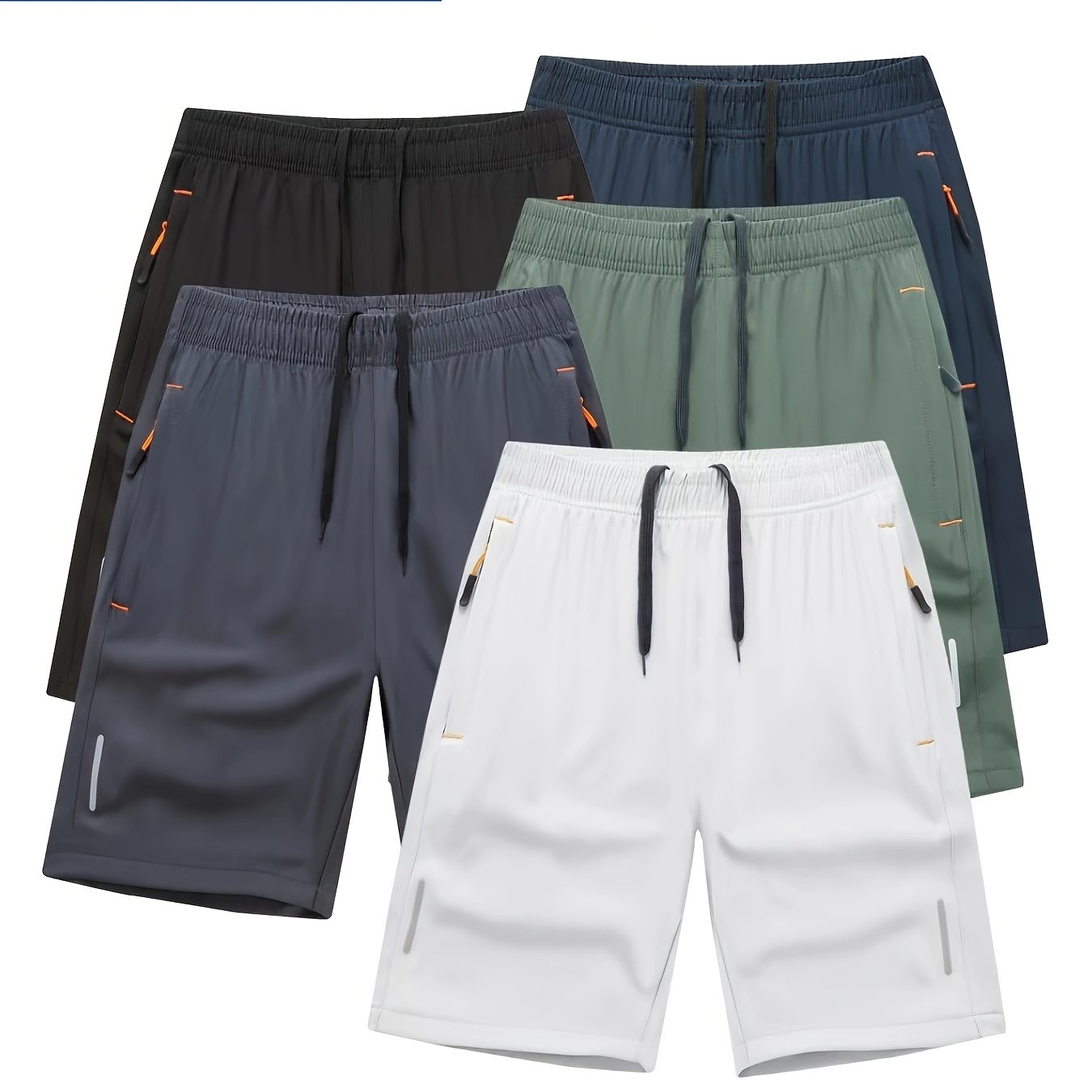 TEMU 5pcs Men's Casual Sports Shorts - Wrinkle-resistant Quick-dry Fabric, Loose Fit With Drawstring Waistband, Zippered Pockets Suitable For Gym,