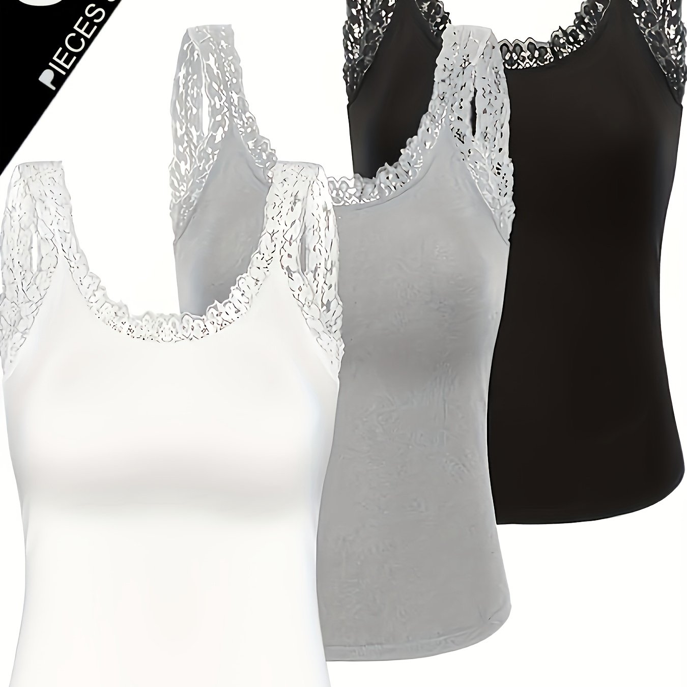 3pcs Black White Gray Sweet Lace Trim Contrast Cami Tank Top Women's Spring Summer Korean Style Thin Base Layer Sleeveless Vest