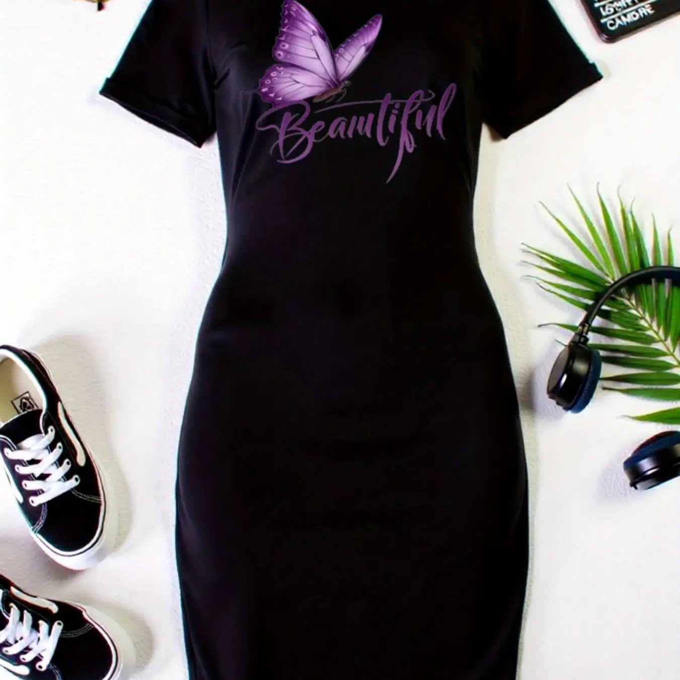 TEMU Women's Elegant Short Sleeve T-shirt Dress With Pockets - Black & Purple Print & "beautiful" Lettering, Stretch Round Neck Knee-length Dress,