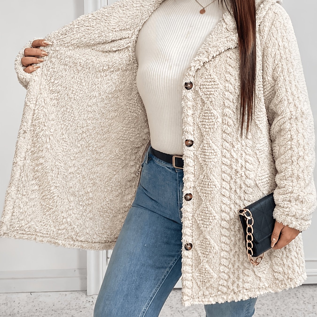 TEMU Grande Taille - Manteau Teddy à Capuche pour Femmes, Veste d'Hiver Chaude en , Cardigan Boutonné , Vêtement d'Extérieur Décontracté Mi-Long