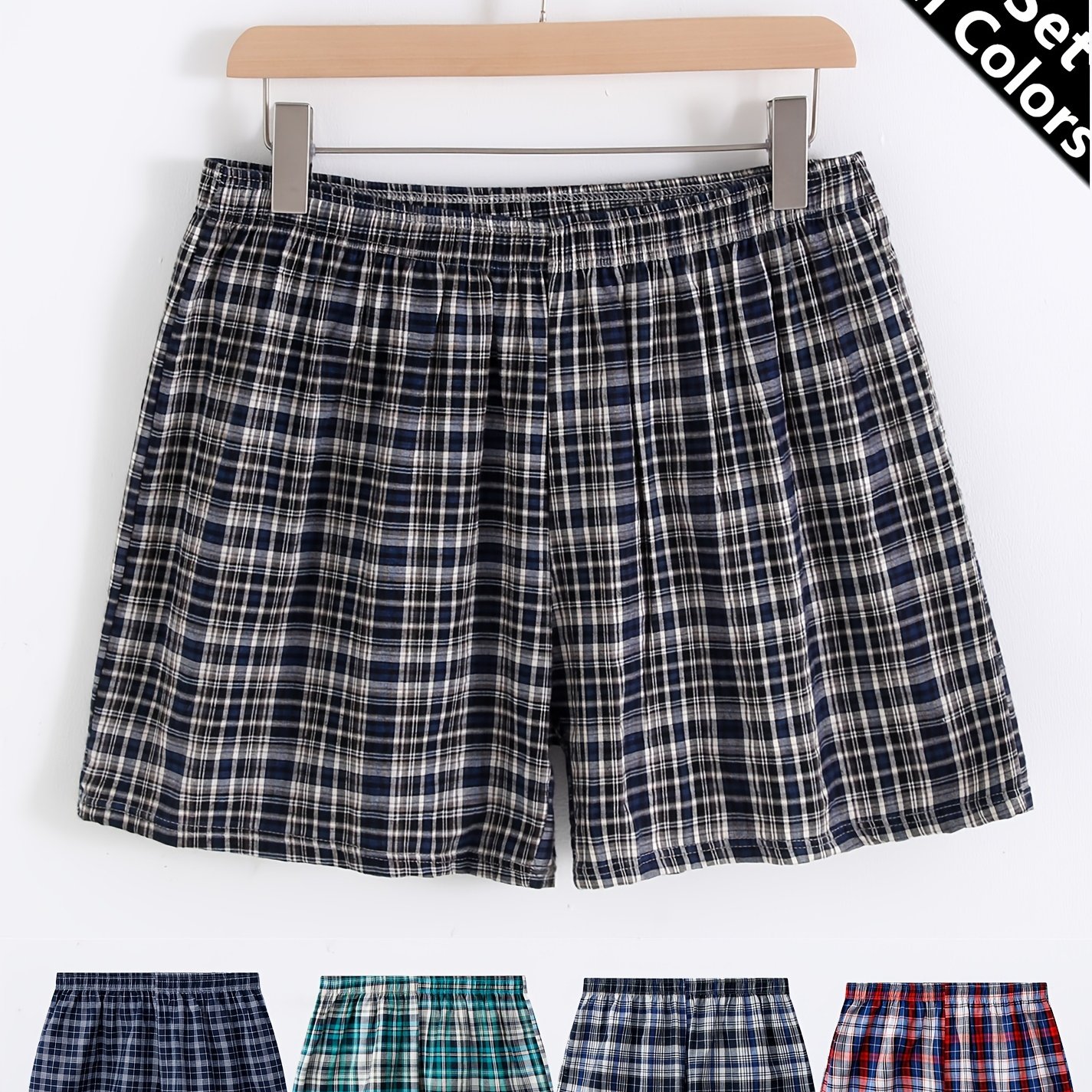 Image of 4pcs Random Colors Men's Plaid Checkered Boxer Briefs, Comfortable, Breathable, Loose-fitting Boxer Trunks, Stylish Loungewear Casual Shorts, Worn As Outerwear Or Beach Shorts
