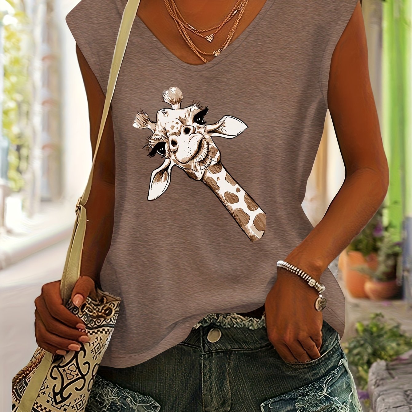 TEMU Women's European And Daily Simple And Comfortable Casual Colored V-neck Seamless Shoulder Short Sleeve T-shirt With Cute Giraffe Print