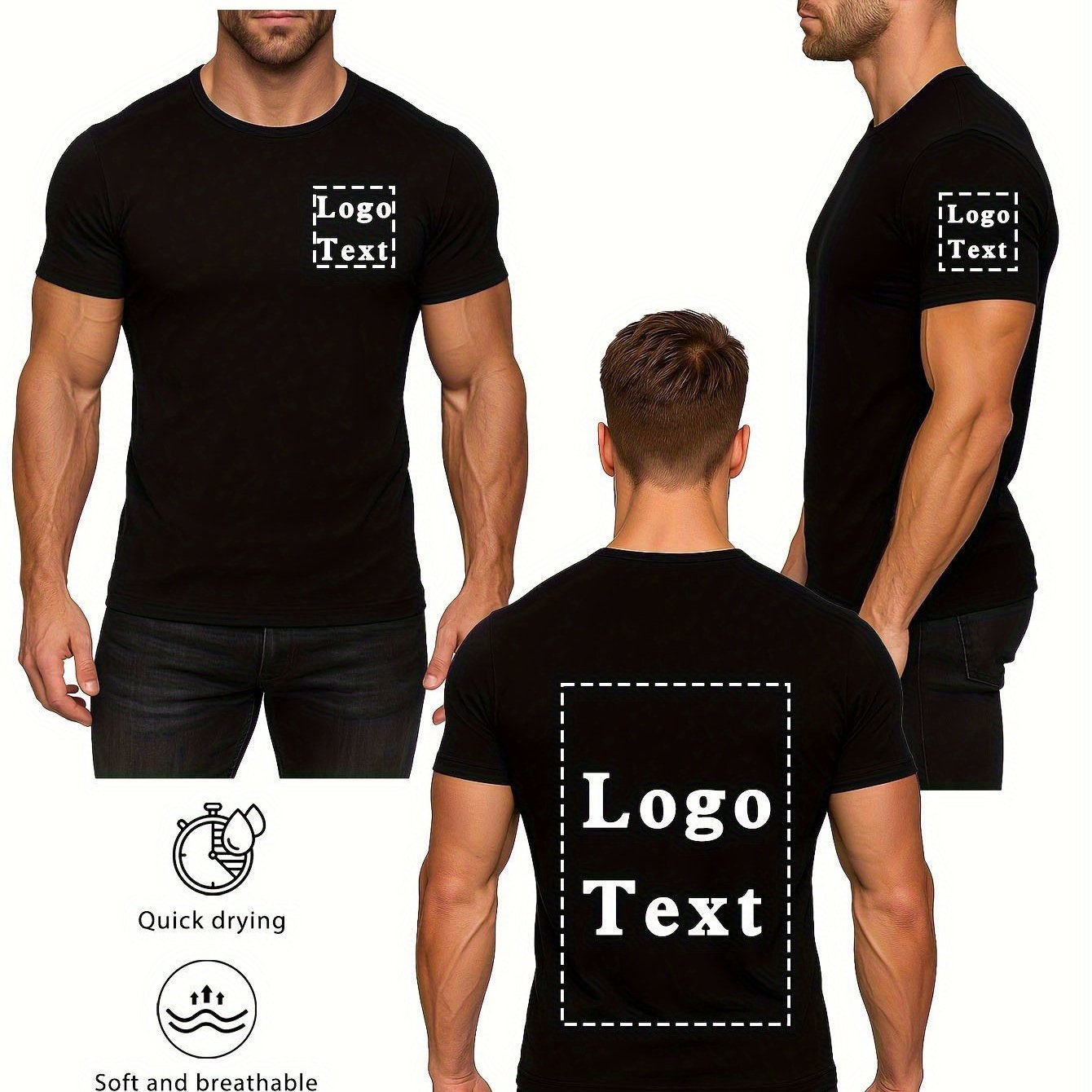 TEMU 5pcs Men's Quick-dry Custom Logo/graphic T-shirts - Ized Bulk Order Gym Shirts With Logo Front/back, Moisture-wicking Performance Tees For