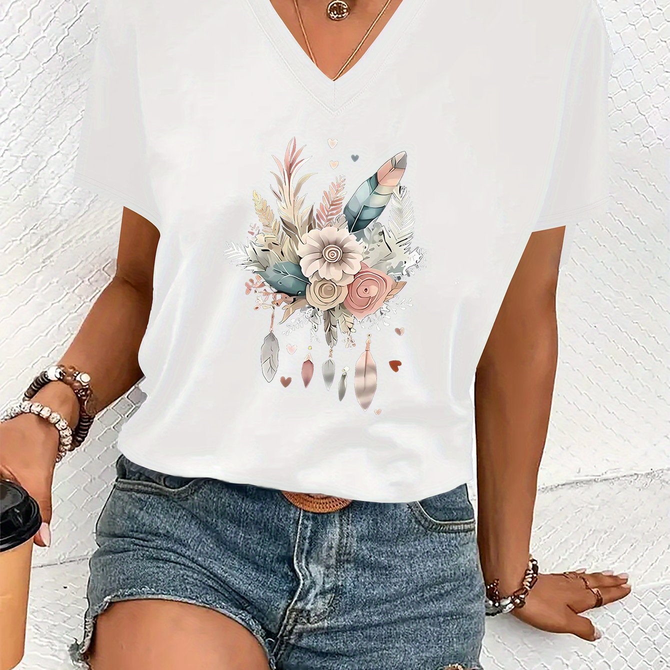 TEMU T-shirt à imprimé , haut décontracté à manches courtes et col en V pour l'été et , vêtements pour femmes
