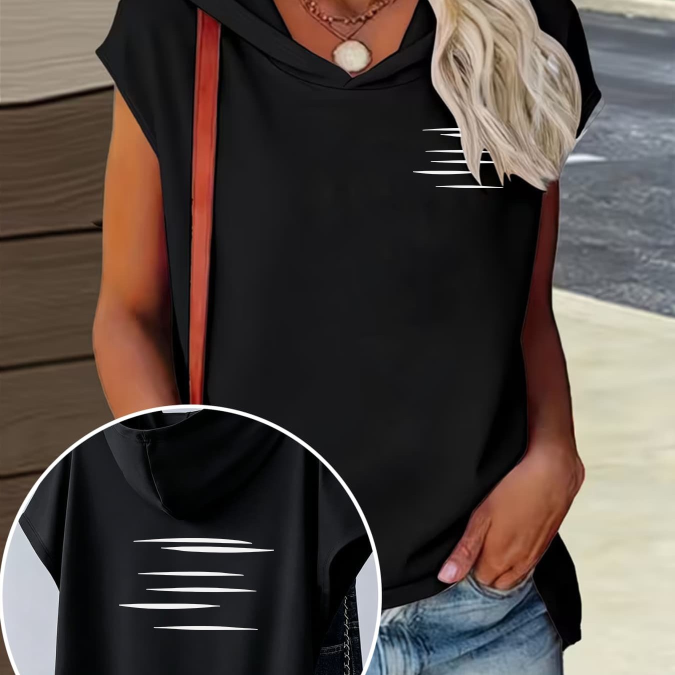 TEMU 1pc Hooded T-shirt With Simple Striped Design, Loose And , New Summer Y2k Style Women's Casual Swear, Elegant, Fashionable, And Comfortable