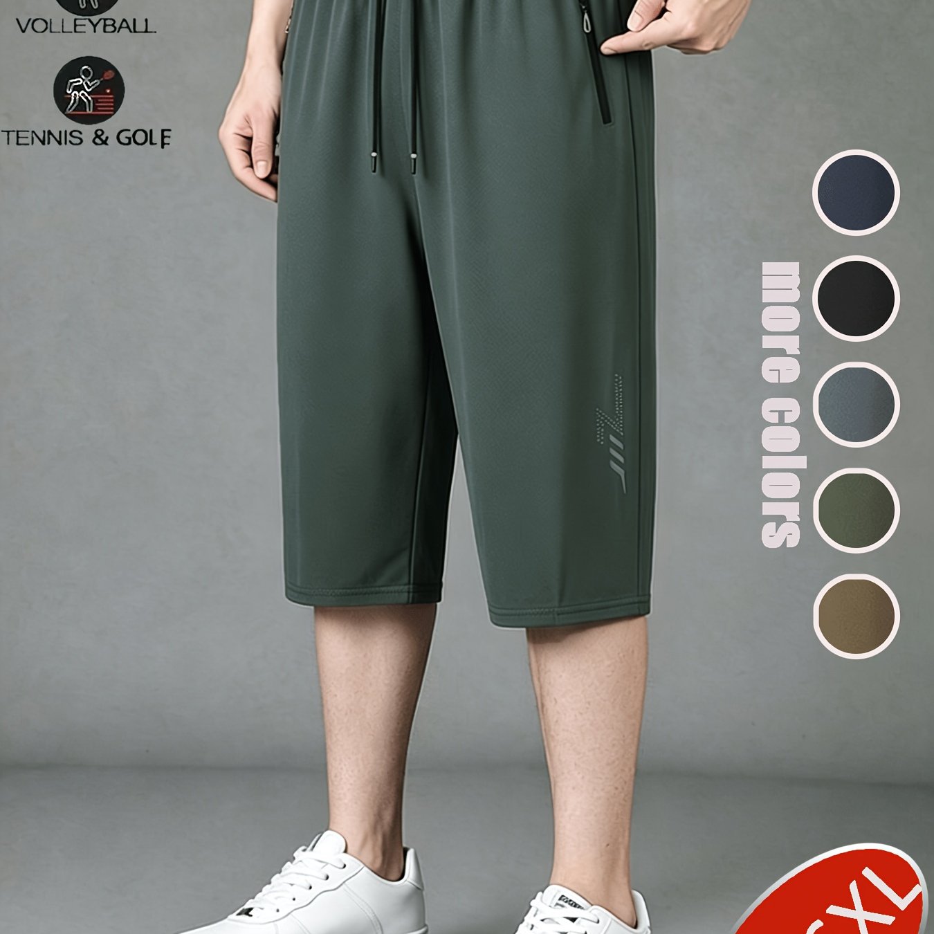 TEMU Obm Plus Size Capri Pants For Men, Summer Side Zipper Pocket Quick-dry Breathable Capri Pants, Multiple Sizes , Simple And Comfortable Capri