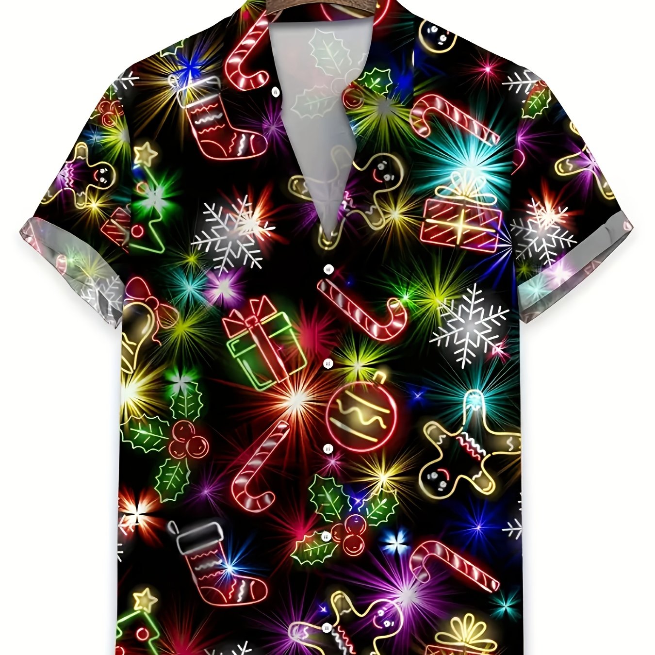 TEMU Men's Casual Hawaiian Christmas Short Sleeve Shirt, With Tree, Gift, And Gingerbread For Man Prints, Short Sleeve, Button, Holiday Themed