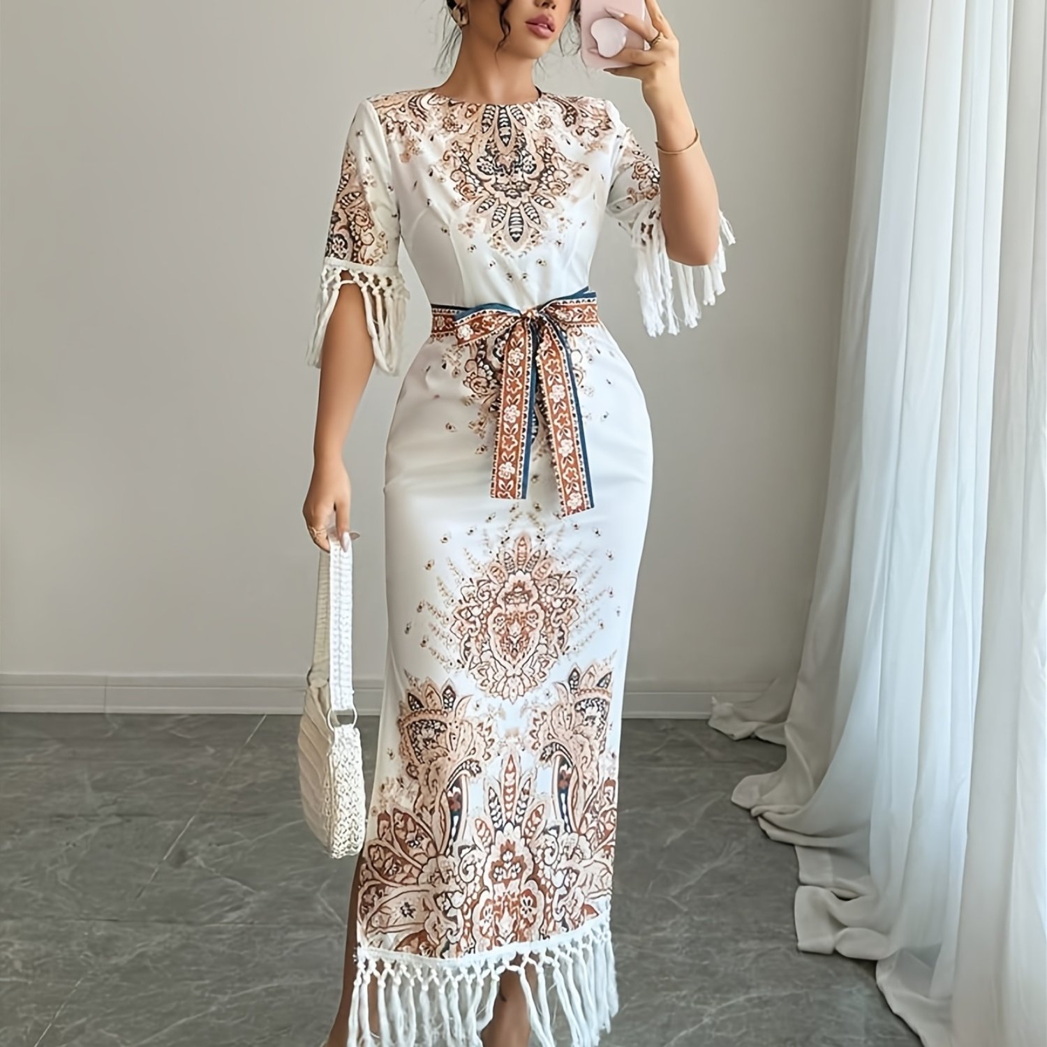 TEMU Western Elegant Holiday Vacation Party Paisley Pattern Print Fringed Hem And Cuffs Belted Waist Side Slit Round Neck Bodycon Midi Dress