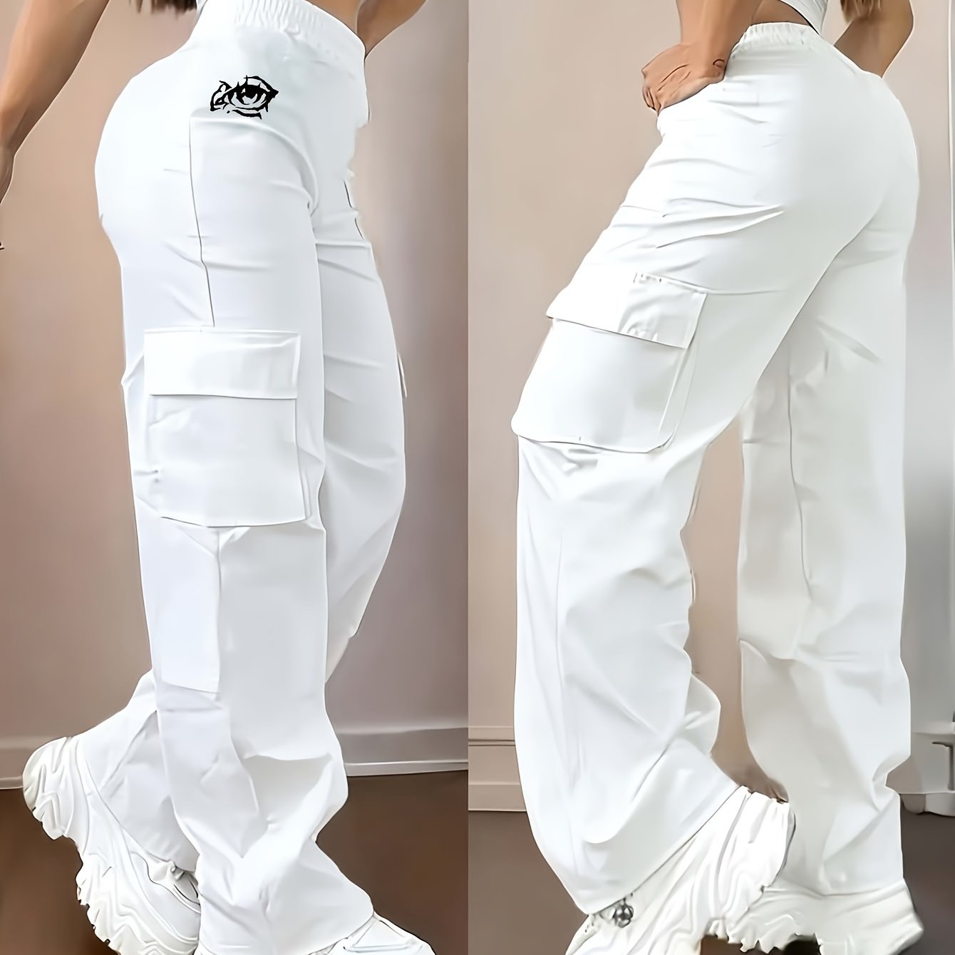 TEMU Pantalon Long Décontracté pour Femme, Motif Créatif Imprimé d'Œil, Pantalon Cargo - D355-WHY2115