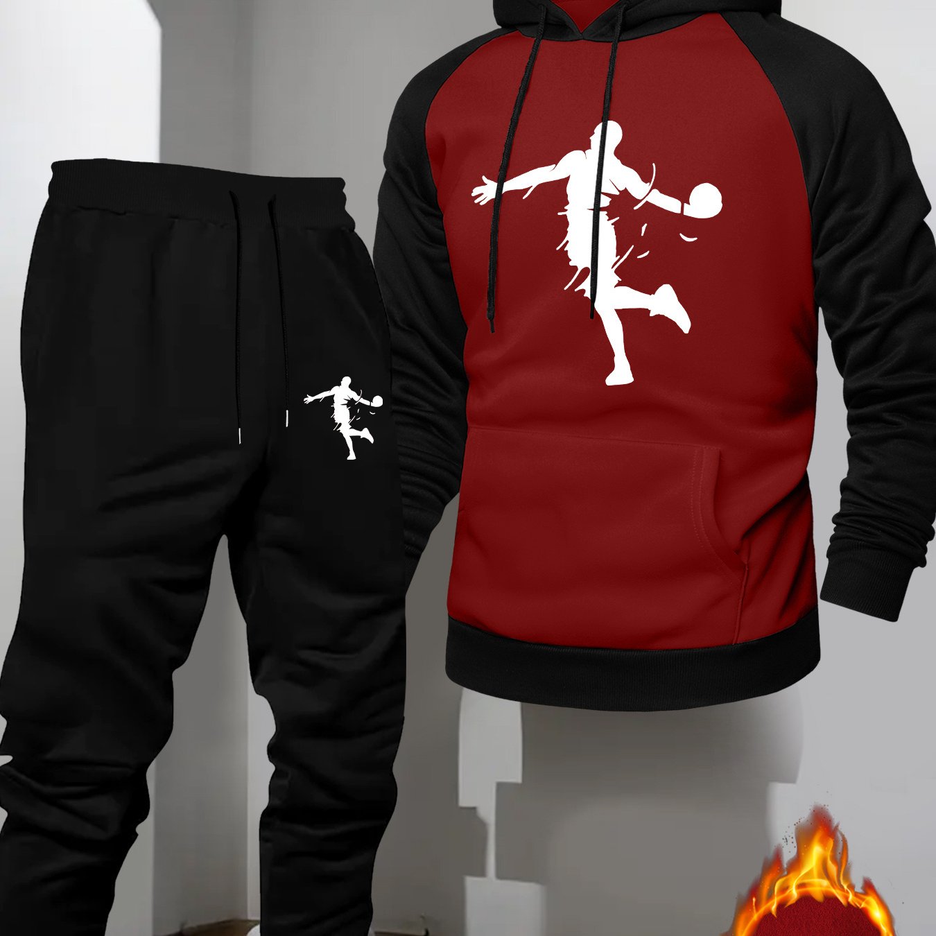 TEMU Men's Casual Sports Hoodie Set With Raglan Sleeves, Featuring A Basketball Print And , Perfect For A Trendy And Versatile Look