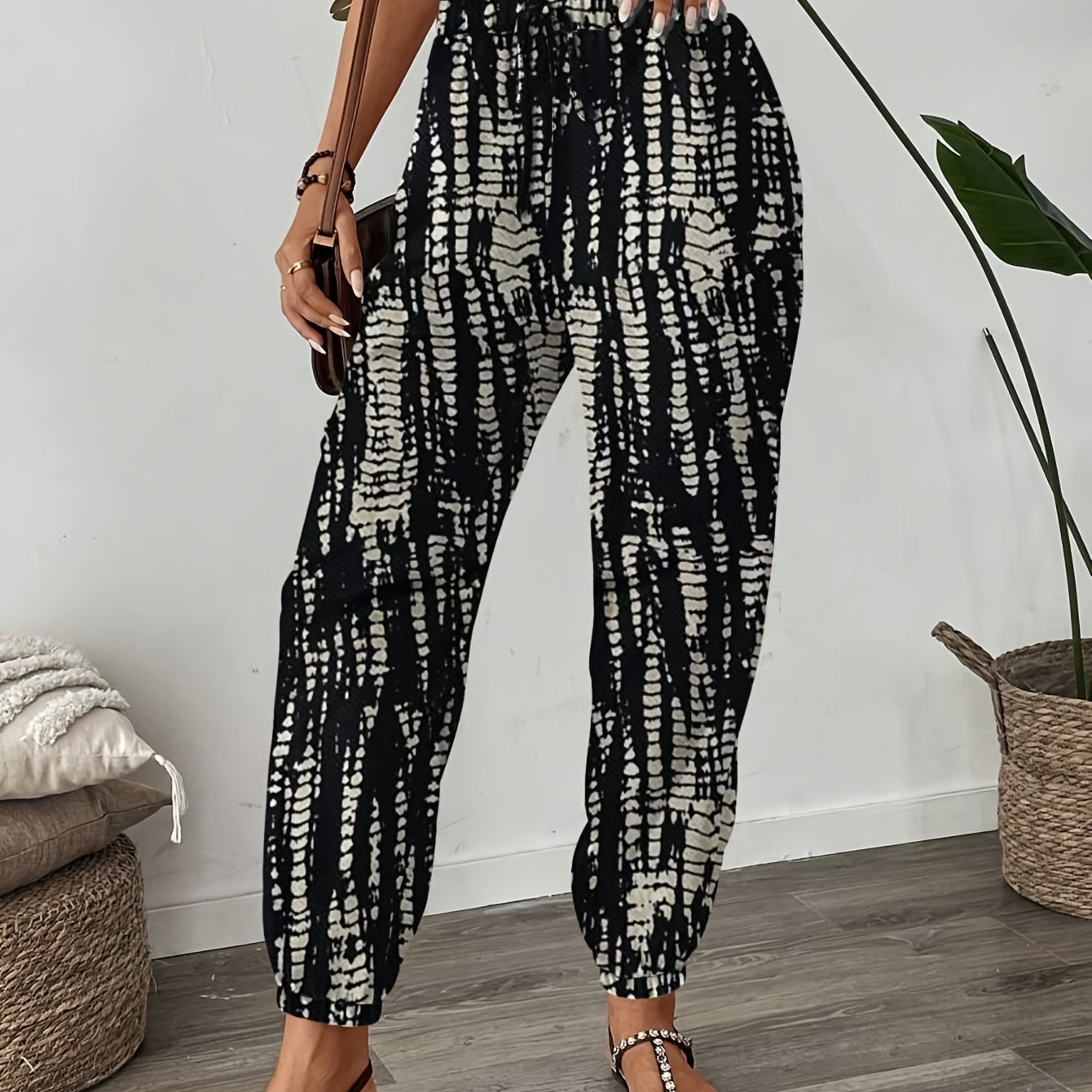 E-shop Damen Vintage Tie-Dye Print Hose mit elastischem Bund Rüschensaum, lässige Urlaubshose für Sommer Herbst