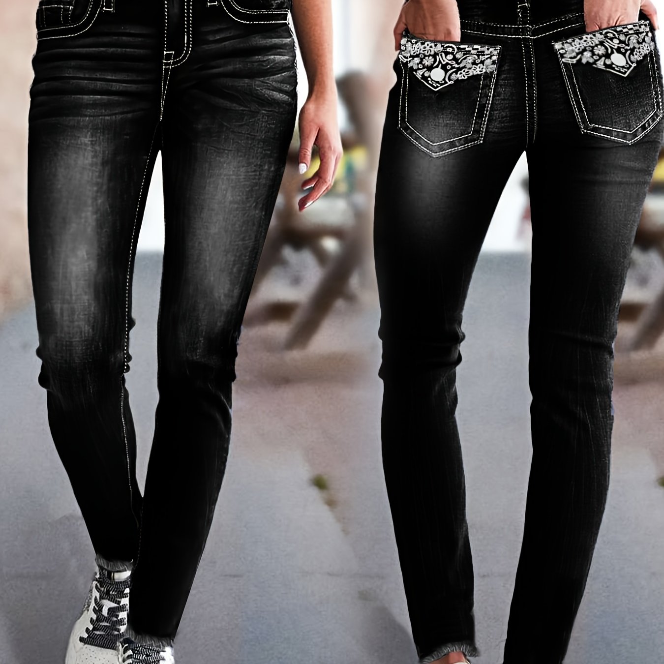 Image of High-waist Back Pocket Embroidered Stretch Sexy Skinny Women's Jeans