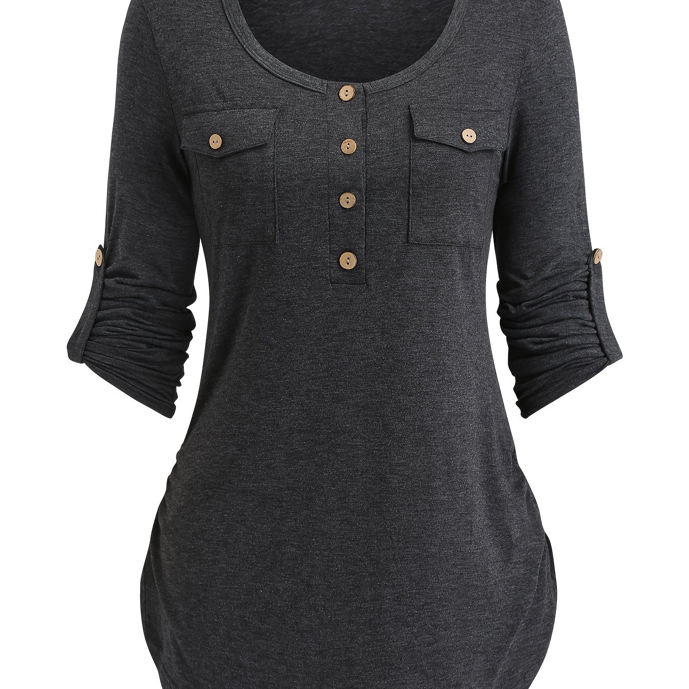 Image of Women's Spring/autumn Solid Color Round Neck Long Sleeve Button Casual Cute Pullover Shirt With Pockets
