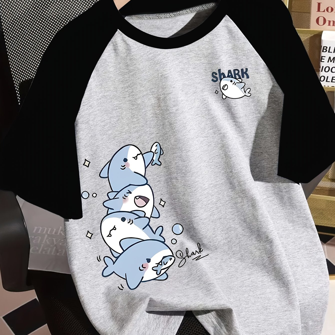 TEMU Y2K Plein de Fun ! T-shirt à Manches Courtes et Col Rond avec Imprimé Requin Cartoon, un Incontournable ! T-shirt à Manches Courtes et Col Rond