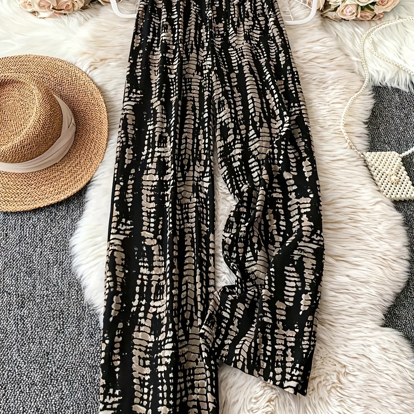 Image of Random Printed Straight Trousers For Holiday Casual, Women's Spring Summer Fall Elegant Fashion Versatile Drawstring Long Pants, Women's Clothing