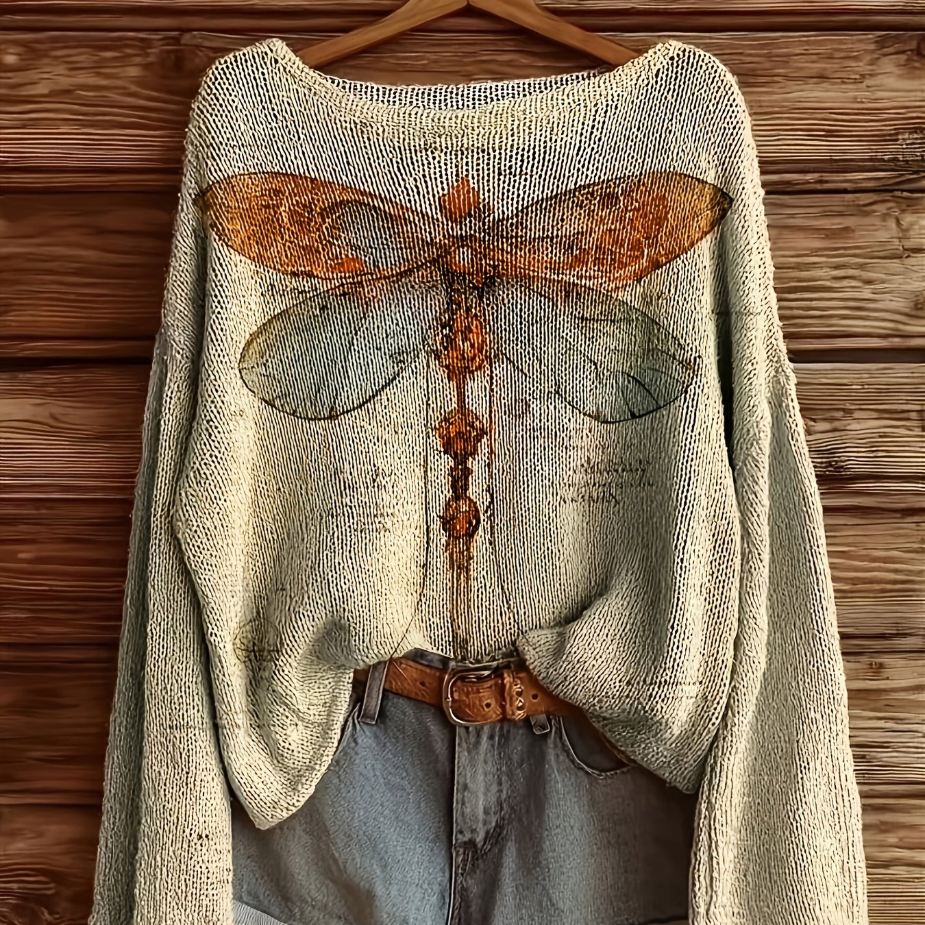 TEMU 2d Digital Printing Women's Lightweight Sweater, Circular Neckline Long Sleeves, Dragonfly Pattern Stylish Casual Summer Season
