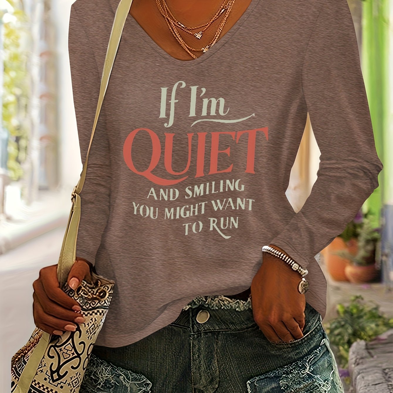 TEMU Fun Lettering Design "if I Smile , You Might Want " Printed Women's Autumn/winter Casual Fashion Soft And Comfortable Colored V-neck Long-sleeve