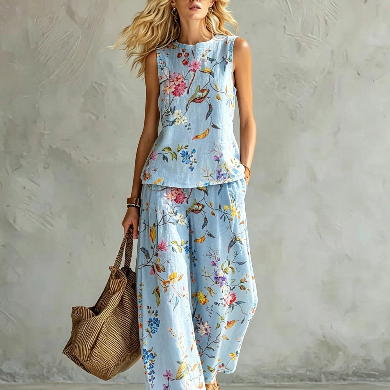 Image of New Women's Summer Clothing: Top + Pants Set Floral Colorful Prints Summer Women's Vest Set Casual Wear Machine Washable Polyester Fiber Simple And 2pcs Set 2d Flat Printing Summer, 2d Flat