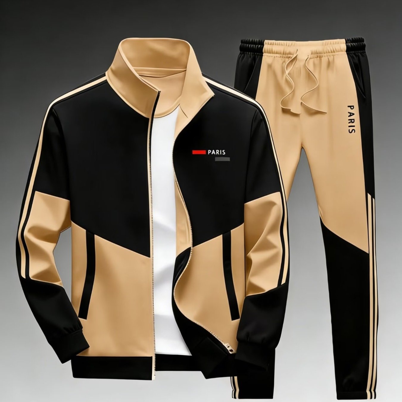 Athletic Jacket And Long Pants Set With Style, Featuring A - And Paris Logo Print, Suitable For Men's Fashionable Sportswear And Casual Adult Clothing