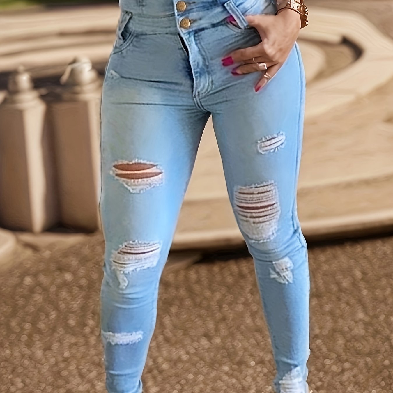 TEMU Lifting Ripped Tight Jeans, Fashionable And Casual High Waisted Single Breasted Elastic Jeans, Women's Jeans And Clothing