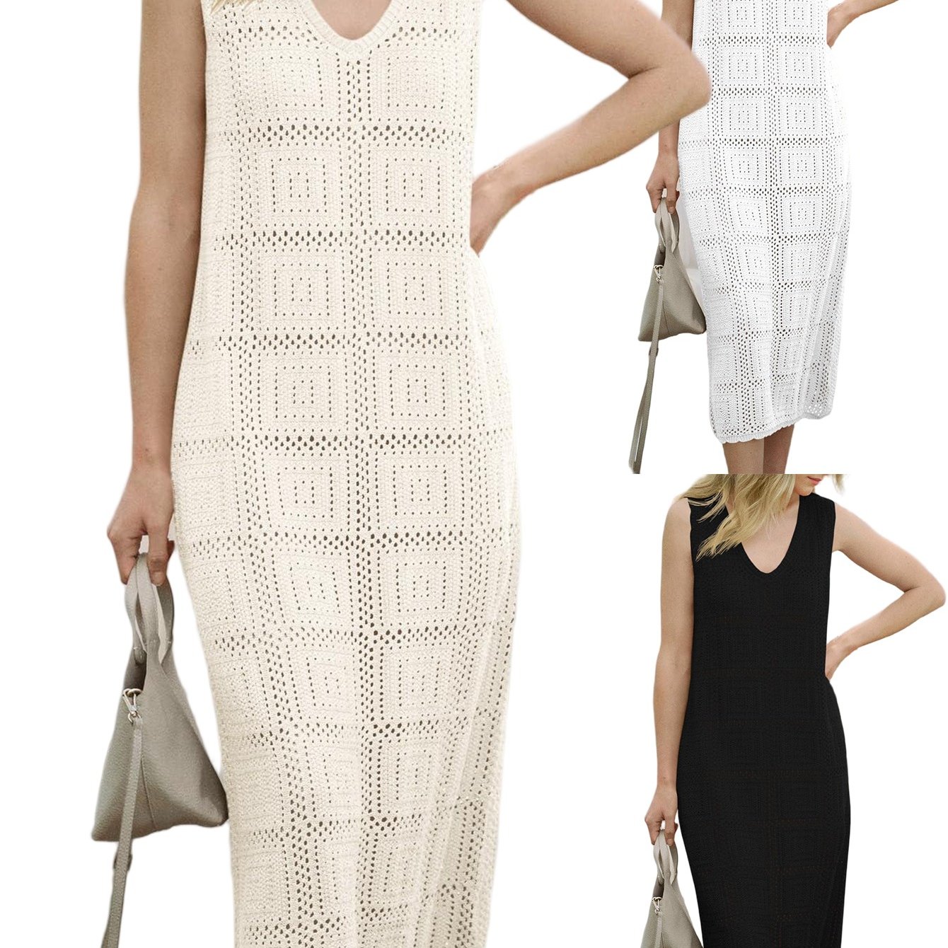 Image of Women's Crochet Sleeveless Dress Casual Summer V-neck Boho Cover Up Beach Vacation Midi Tank Dresses
