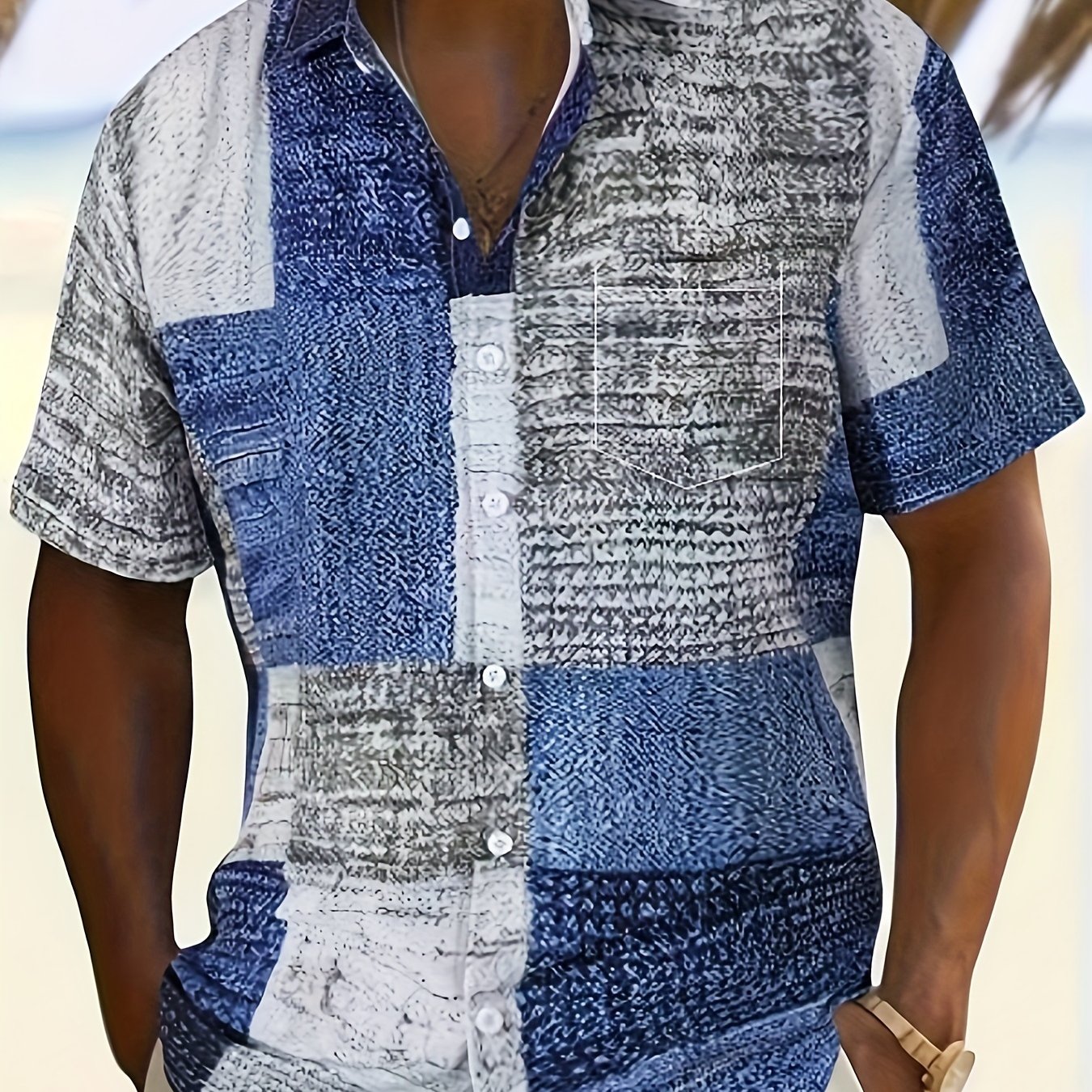 E-shop Herren Plus Size Casual Kurzarmhemd - Böhmischer eleganter Stil mit Knopfverschluss, geometrischem Streifendruck, Slim Fit für Frühling/Herbst