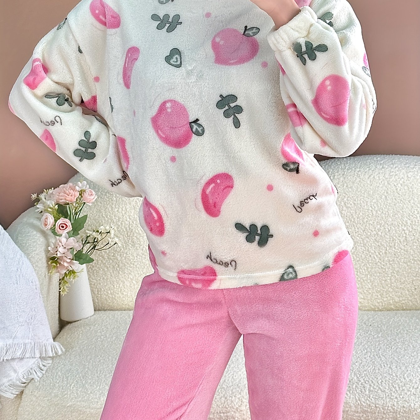 TEMU 2pcs Women's Autumn Winter New Warm Fleece Pajama Set With Drawstring Peach Print Contrast Cute Wear