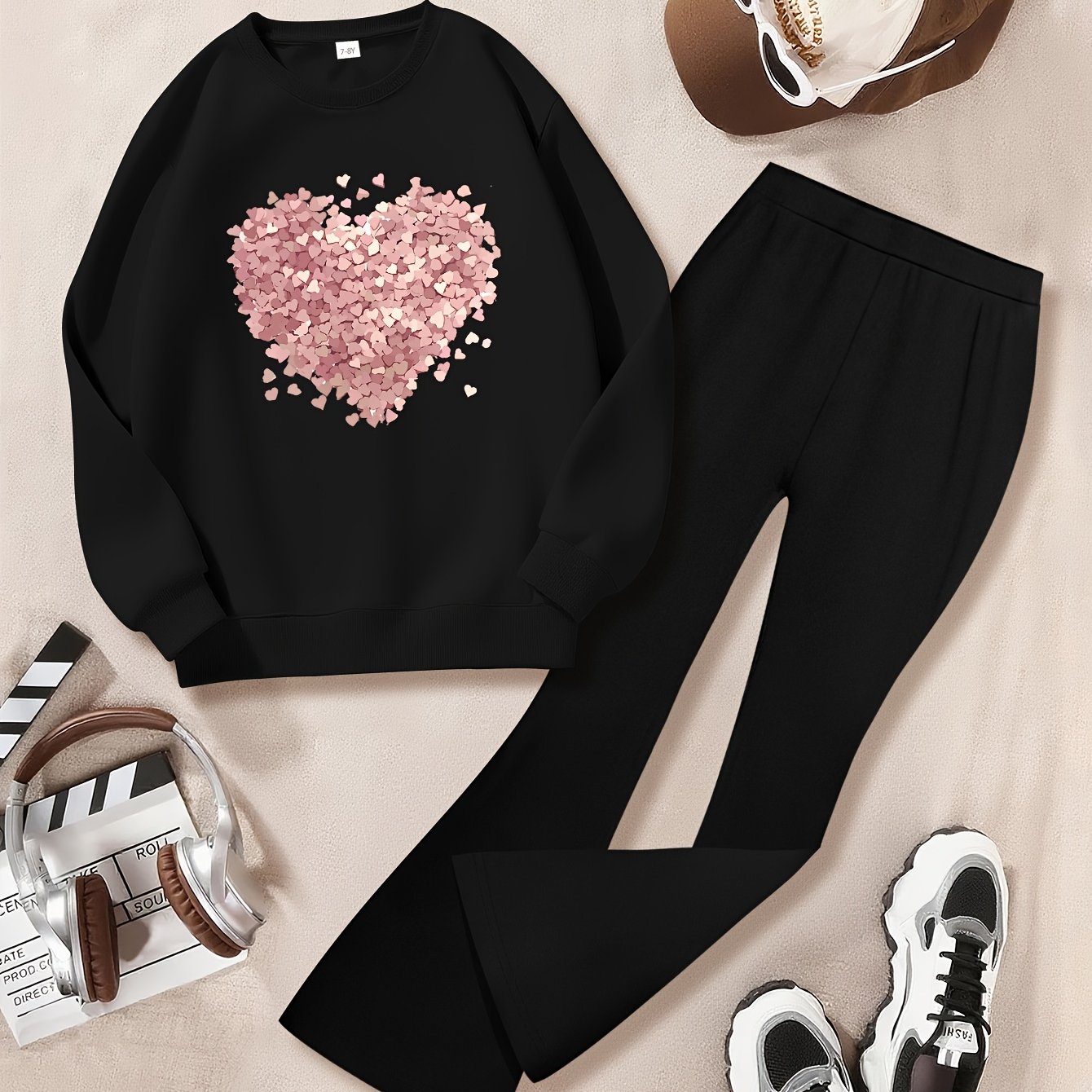 Girls' Autumn And Print Long-sleeve Crew-neck Hoodie And Knitted Bell-bottom Pants Two-piece Set, Girls' Autumn And Winter Suit, For Outdoor