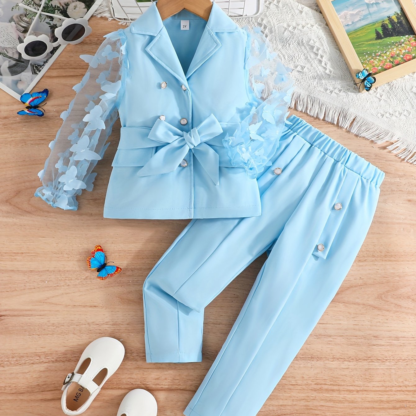2pcs Girls' Butterfly Blazer and Solid Color Pants Set
