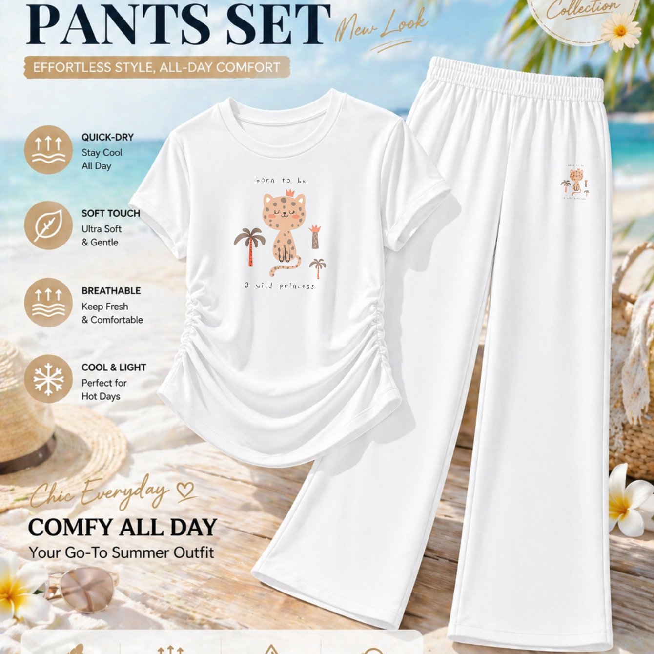 TEMU New 2026 Style, 2pcs Set: Y2k Style Versatile Women's T-shirt   Pants Set, Fashionable Trendy Print With Shirred Design, Slim Fit Casual,